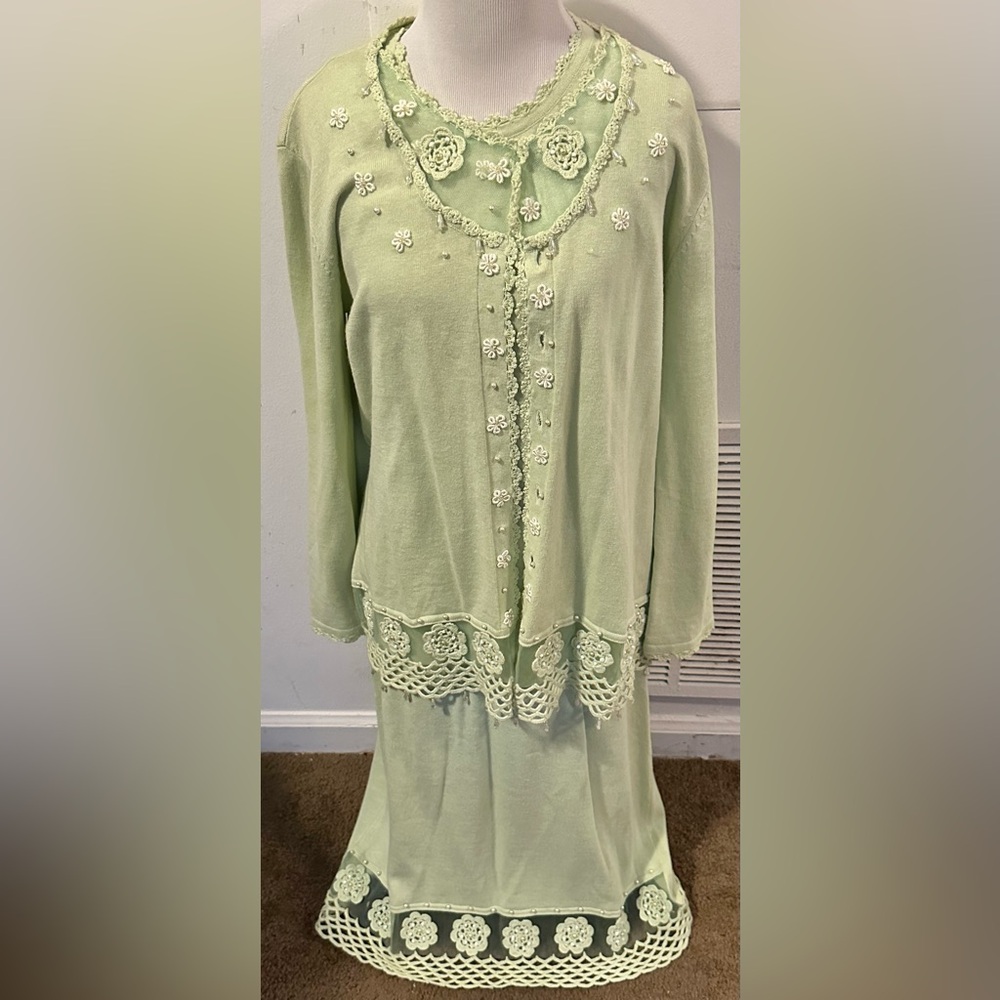 Storybook Knits Pastel Green Crochet Beaded Floral Spring Dress XS Cottagecore